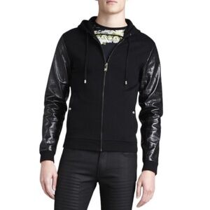 Versace Collection Hoodie Jacket Leather Cotton Sleeves Zip Up Hood Coat Logo MS